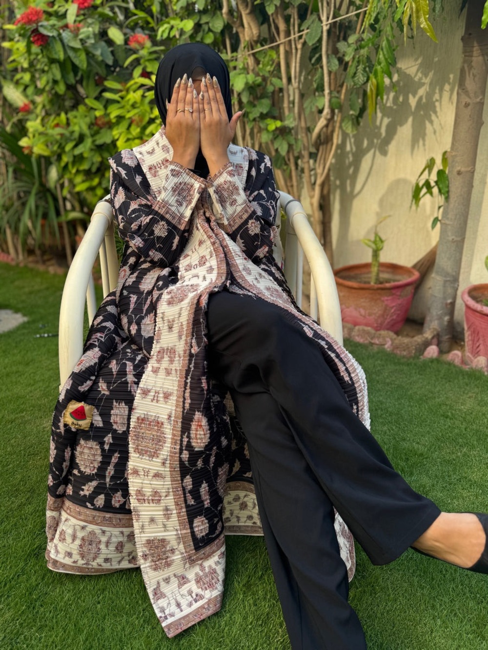 Midnight Petals - Black and White open Abaya